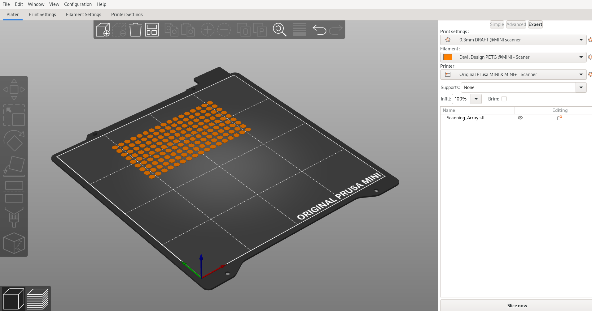 Screenshoot of prusa slicer screen that show 18 x 9 array of 1mm cylinders