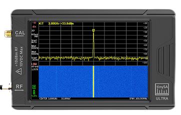 Picture of TinySA spectum analyser with one peek on the middle of the screen and WATERFALL map. WATERFALL displays the power level over time in a waterfall map 